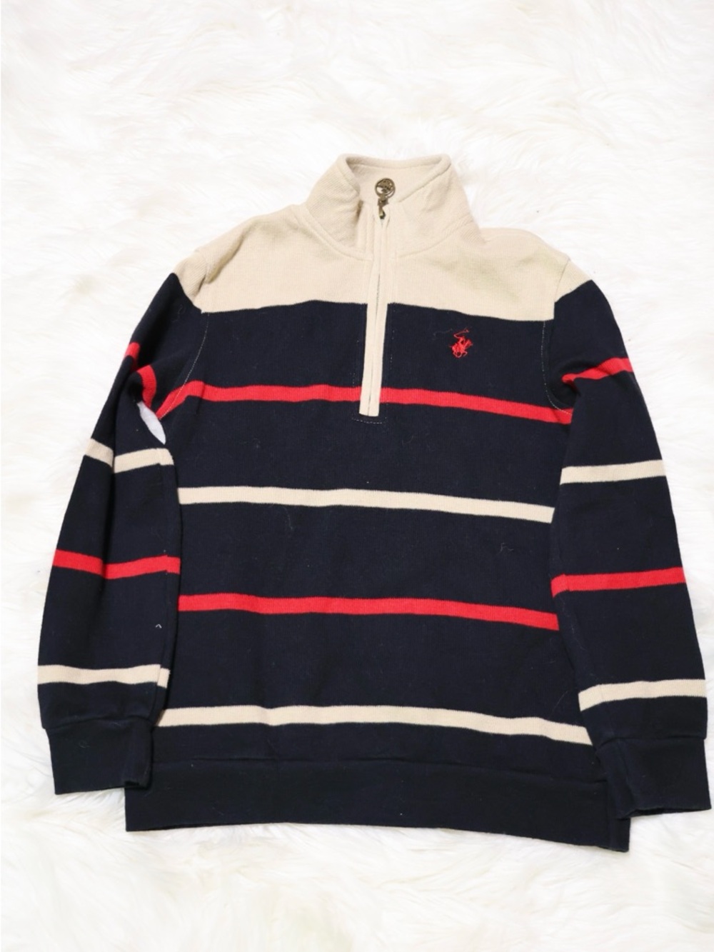 Beverly Hills Polo Club Navy Half-Zip Sweater with Red & Cream Stripes